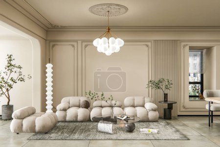 Foto de 3d renderizado moderno salón con tv pared unidad de diseño de interiores - Imagen libre de derechos