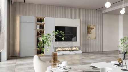 Téléchargez les photos : 3d rendant salon moderne avec tv mur unité design intérieur - en image libre de droit