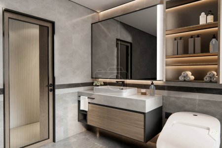 Téléchargez les photos : 3d rendant design intérieur de salle de bain moderne - en image libre de droit