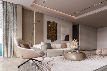 Foto de 3d renderizado sala de estar con pared de tv diseño de interiores inspiración - Imagen libre de derechos