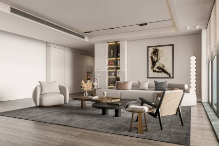 Foto de 3d renderizado sala de estar con pared de tv diseño de interiores inspiración - Imagen libre de derechos