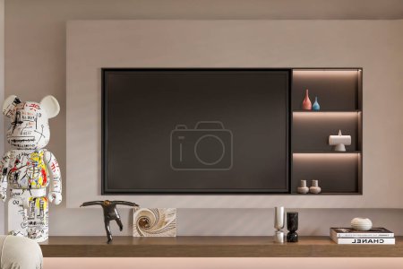 Téléchargez les photos : 3d rendant salon avec tv mur inspiration design d'intérieur - en image libre de droit