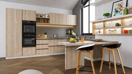 Foto de 3d renderizado cocina moderna modelado avanzado diseño de interiores - Imagen libre de derechos