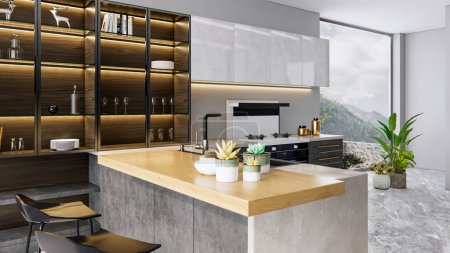 Téléchargez les photos : 3d rendu cuisine moderne modélisation avancée design intérieur - en image libre de droit
