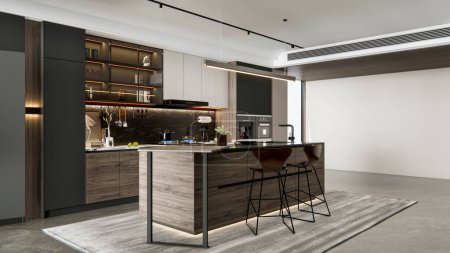 Téléchargez les photos : 3d rendu cuisine moderne modélisation avancée design intérieur - en image libre de droit