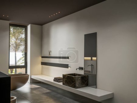 Téléchargez les photos : 3d rendant salle de bain moderne design intérieur scène complète - en image libre de droit