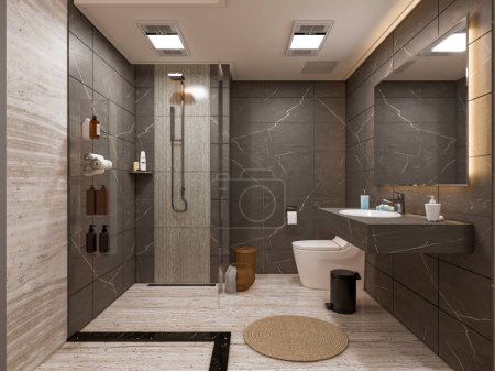 Foto de 3d renderizado baño moderno escena completa diseño de interiores - Imagen libre de derechos