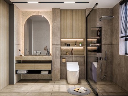 Foto de 3d renderizado baño moderno escena completa diseño de interiores - Imagen libre de derechos