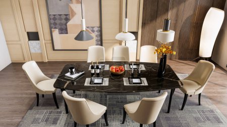 Téléchargez les photos : 3d rendu moderne salle à manger table design intérieur - en image libre de droit