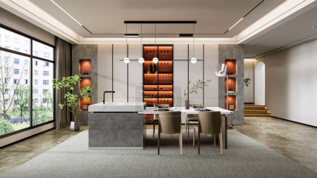 Foto de 3d renderizado moderno comedor mesa de comedor diseño interior - Imagen libre de derechos