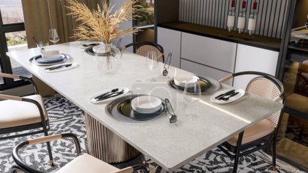 Téléchargez les photos : Décoration intérieure de table à manger de salle à manger moderne rendu 3d - en image libre de droit