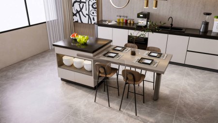 Foto de 3d renderizar cocina moderna con mesa de comedor interior - Imagen libre de derechos