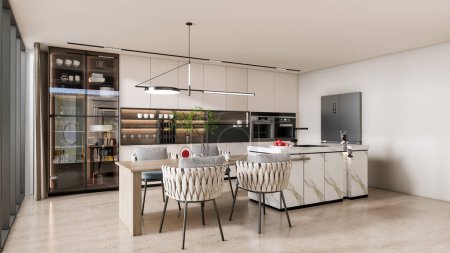 Téléchargez les photos : 3d rendre cuisine moderne avec table à manger intérieur - en image libre de droit