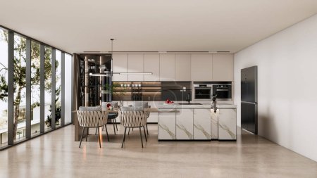 Foto de 3d renderizar cocina moderna con mesa de comedor interior - Imagen libre de derechos