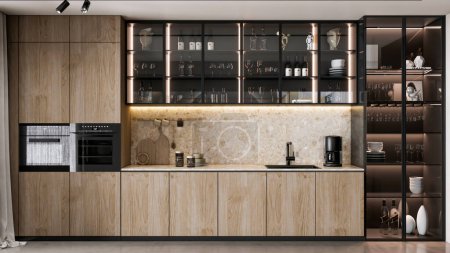 Foto de 3d renderizado cocina moderna modelo avanzado escena completa con mesa de comedor y silla de diseño interior - Imagen libre de derechos