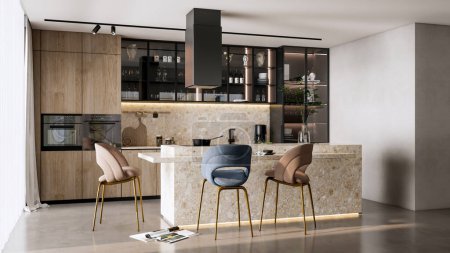 Photo for 3d rendering modern kitchen advanced model full scene with dining table and chair interior design - Royalty Free Image