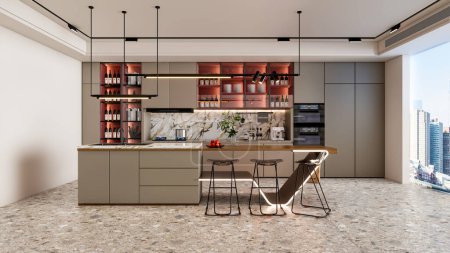 Foto de 3d renderizado cocina moderna modelo avanzado escena completa con mesa de comedor y silla de diseño interior - Imagen libre de derechos