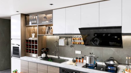 3d renderizado cocina moderna modelo avanzado escena completa con mesa de comedor y silla de diseño interior
