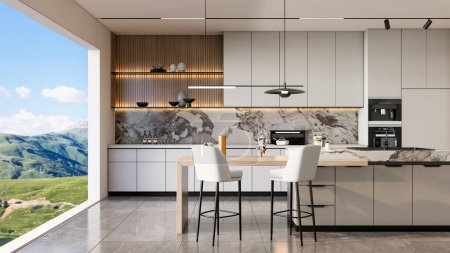 3d renderizado cocina moderna modelo avanzado escena completa con mesa de comedor y silla de diseño interior