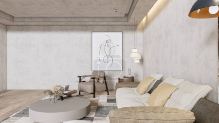 Foto de 3d renderizar moderna sala de estar escena completa diseño de interiores - Imagen libre de derechos