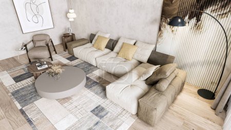 Foto de 3d renderizar moderna sala de estar escena completa diseño de interiores - Imagen libre de derechos