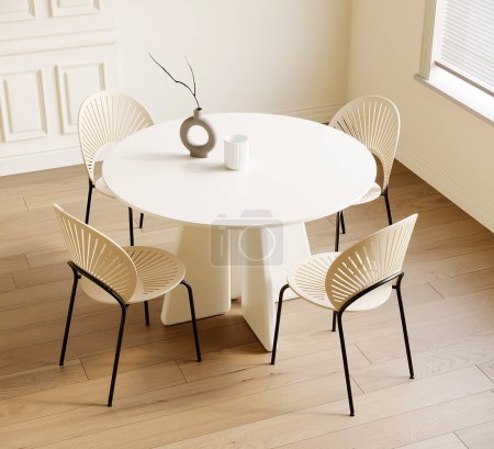 Foto de 3d render dining room wooden table and chair furniture interior design - Imagen libre de derechos