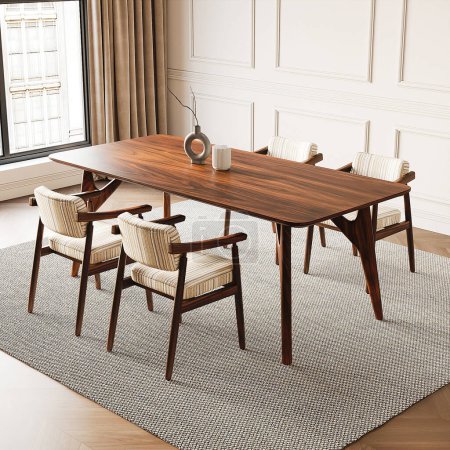 Foto de 3d render dining room wooden table and chair furniture interior design - Imagen libre de derechos