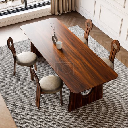 Téléchargez les photos : 3d render dining room wooden table and chair furniture interior design - en image libre de droit