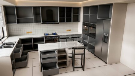 Foto de 3d renderizado cocina moderna con piso de baldosas y gabinetes de estantería - Imagen libre de derechos