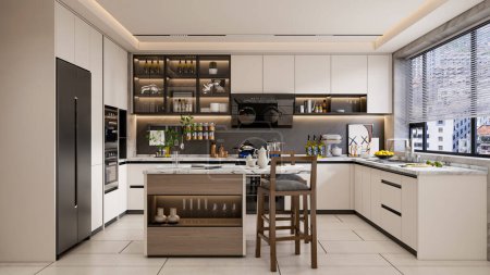Foto de 3d renderizado cocina moderna con piso de baldosas y gabinetes de estantería - Imagen libre de derechos