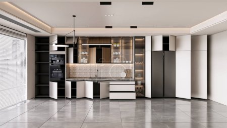 Téléchargez les photos : 3d rendant cuisine moderne avec sol carrelage et armoires étagères - en image libre de droit