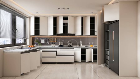 Foto de 3d renderizado cocina moderna totalmente paramétrica manufacturable con gabinetes de estantes abiertos - Imagen libre de derechos