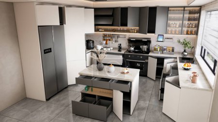 Photo for 3d rendering modern kitchen fully parametric manufacturable with opened shelf cabinets - Royalty Free Image
