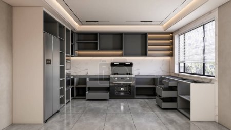 Téléchargez les photos : 3d rendant cuisine moderne entièrement paramétrique manufacturable avec armoires étagères ouvertes - en image libre de droit