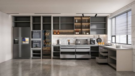 Foto de 3d renderizado cocina moderna totalmente paramétrica manufacturable con gabinetes de estantes abiertos - Imagen libre de derechos