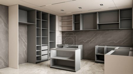 Foto de 3d renderizado cocina moderna con armarios de estantería abierta - Imagen libre de derechos