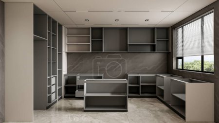 Foto de 3d renderizado cocina moderna con armarios de estantería abierta - Imagen libre de derechos