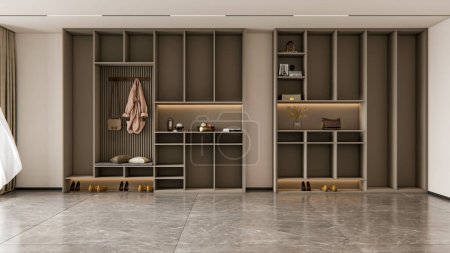 Foto de 3d representación de espacio vacío con gabinetes de estantería abierta decoración de muebles para el hogar - Imagen libre de derechos