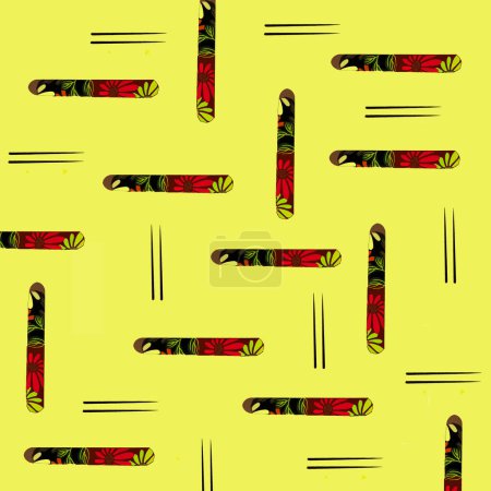 Photo for Pattern  with interesting objects, a pair of dark elegant Asian chopsticks and a small classic floral design box on yellow background. Flat lay concept. - Royalty Free Image