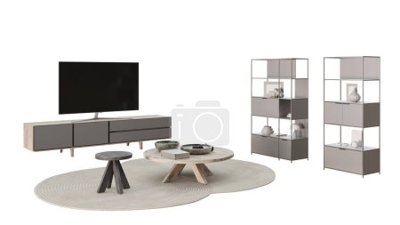 05 proyección perspectiva de una sala de estar con un televisor, un soporte de TV, un estante, un sofá, mesas de café o café, una alfombra, una lámpara de pie y decoración en tonos grises y beige. renderizado 3d