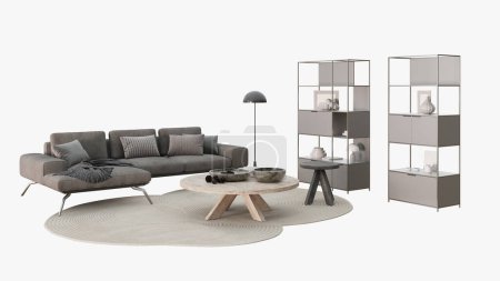 03 Perspektivische Projektion eines Wohnzimmers mit Regal, Sofa, Kaffee- oder Couchtischen, Teppich, Stehlampe und Dekor in Grau- und Beigetönen. 3D-Darstellung