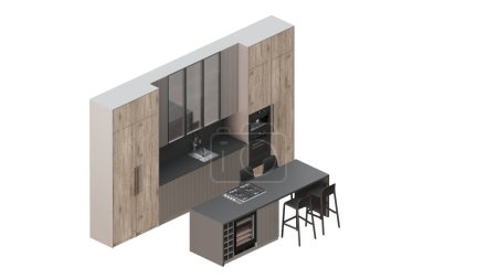 06 Isometric projection of a kitchen, with island stool, sink, oven, bar. 3d rendering