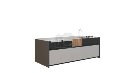  11 perspective projection of a kitchen, with island, stool, sink, grill, bbq, desk, black, outdoor, 3d rendering