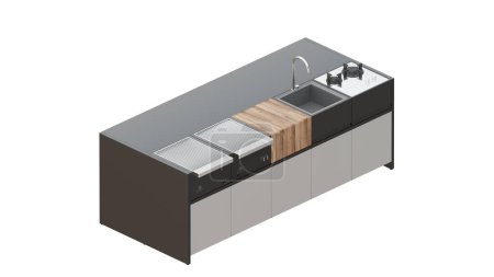 10 isometrische Projektion einer Küche mit Insel, Hocker, Spüle, Grill, Grill, Grill, Schreibtisch, schwarz, Outdoor, 3D-Rendering