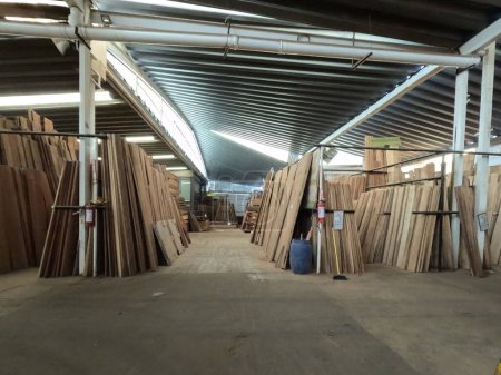 Téléchargez les photos : Sciages avec panneaux verticaux de bois tropicaux dans un entrepôt industriel pour la vente au public. - en image libre de droit