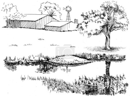 Foto de Panorama de paisaje rural con río. Dibujo de pluma convertido en dibujo vectorial - Imagen libre de derechos