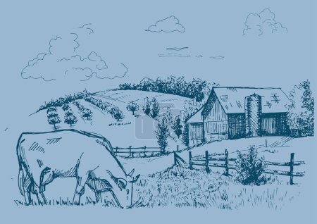 Illustration for Green grass field on small hills. Meadow, alkali, lye, grassland, pommel, lea, pasturage, farm. Rural scenery landscape panorama of countryside pastures. Vector sketch illustration - Royalty Free Image