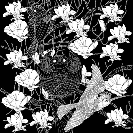 Illustration for Art therapy coloring page. Coloring book antistress for children and adults. Birds and flowers hand drawn in vintage style . Ideal for those who want to feel more connected to nature. - Royalty Free Image
