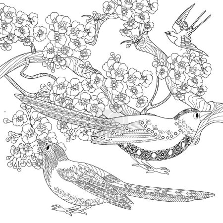 Art therapy coloring page. Coloring book antistress for children and adults. Birds and flowers hand drawn in vintage style . Ideal for those who want to feel more connected to nature.