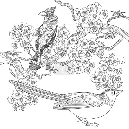 Art therapy coloring page. Coloring book antistress for children and adults. Birds and flowers hand drawn in vintage style . Ideal for those who want to feel more connected to nature.